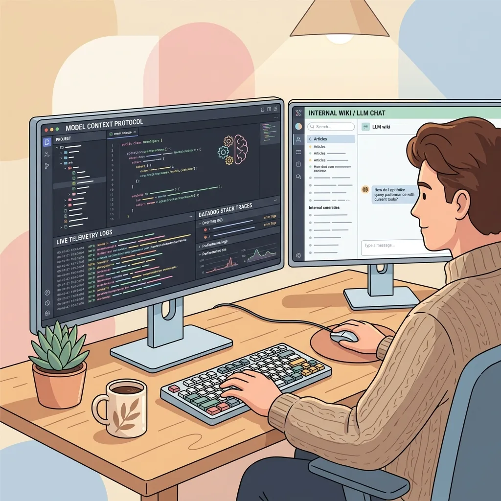 סביבת עבודה של מפתח המציגה לוגים של MCP, stack traces ב-Datadog ו-LLM wiki פנימי